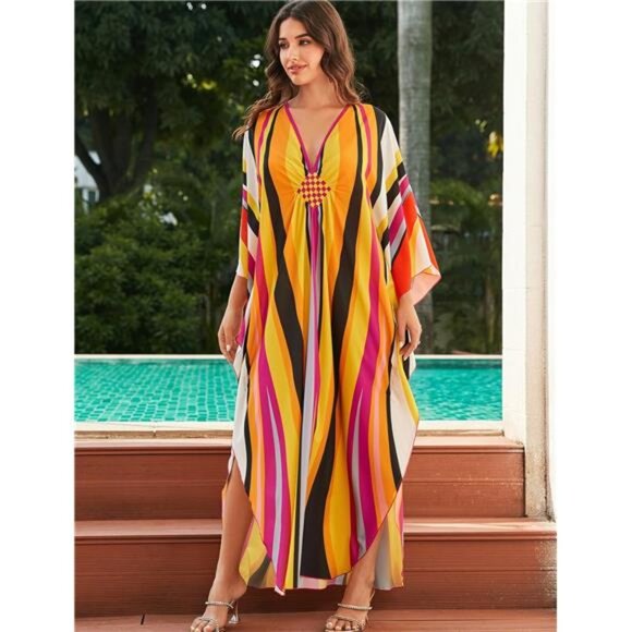 Kaftan Dresses for Women Plus Size Batwing Sleeve Caftans Long Bathing Suit - Picture 4 of 8